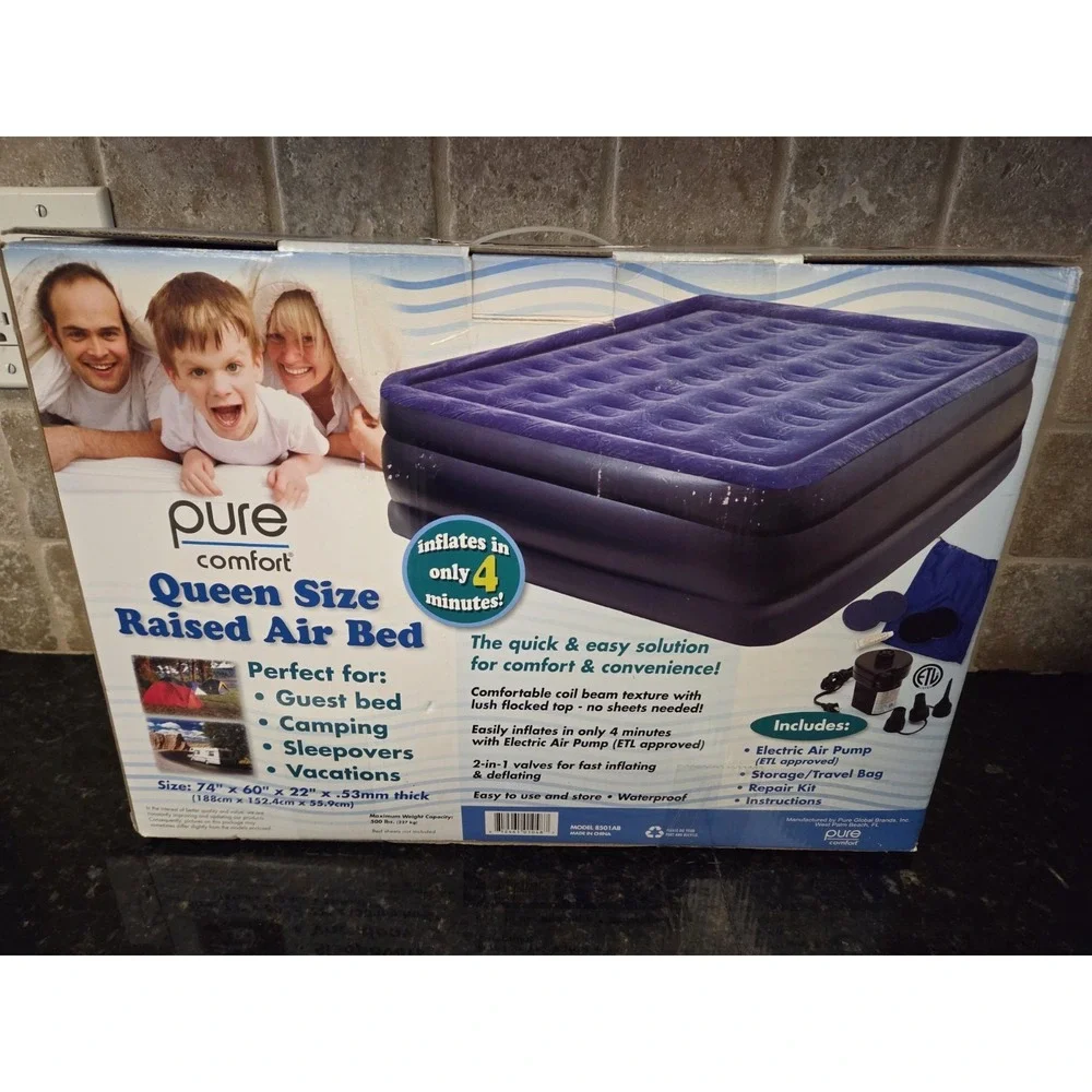 Pure Comfort Queen Size Raised Air Bed With Pump 74x60x22 NIB NICE